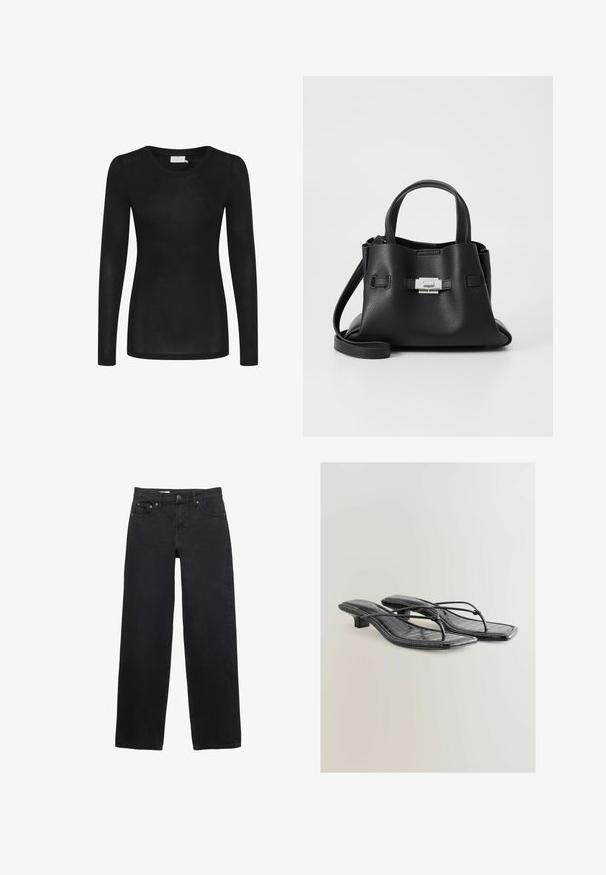 Gestuz SUMMER TRENCHCOAT - Traper jakna - unwashed denim; Crna dugački rukav vrh izrađen od laganog, prozirnog materijala. Ima okrugli izrez i prilagođeni kroj s ravnim rubom.; Crne traperice širokog kroja napravljene od denima, sa pet džepova, kopčanjem na dugme, suptilnim šavovima i ravnim krojem od struka do rubova.; Crne patentne lažne kožne sandale na petu s kvadratnim vrhom, tankim trakama i detaljima od krokodilove teksture. Dizajn s niskom blok petom.; Crna kožna torba s teksturiranim završnim obradom, koja ima dva gornja ručka, odvojivu naramenicu i detalj s srebrnim kopčanjem.