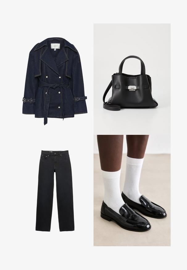 Gestuz SUMMER TRENCHCOAT - Giacca di jeans - unwashed denim; Maglietta nera a maniche lunghe realizzata in tessuto a coste. Presenta un collo rotondo e un design aderente senza motivi o dettagli visibili.; Jeans neri a gamba larga realizzati in denim, con cinque tasche, chiusura a bottone, cuciture sottili e una linea diritta dalla vita all'orlo.; Mocassini in pelle verniciata nera con un design cucito, abbinati a calzini di cotone bianchi a coste, mostrati su uno sfondo di pavimento chiaro.; Borsa a tracolla in pelle nera con finitura textured, dotata di due manici superiori, una tracolla rimovibile e un dettagli di chiusura in argento.