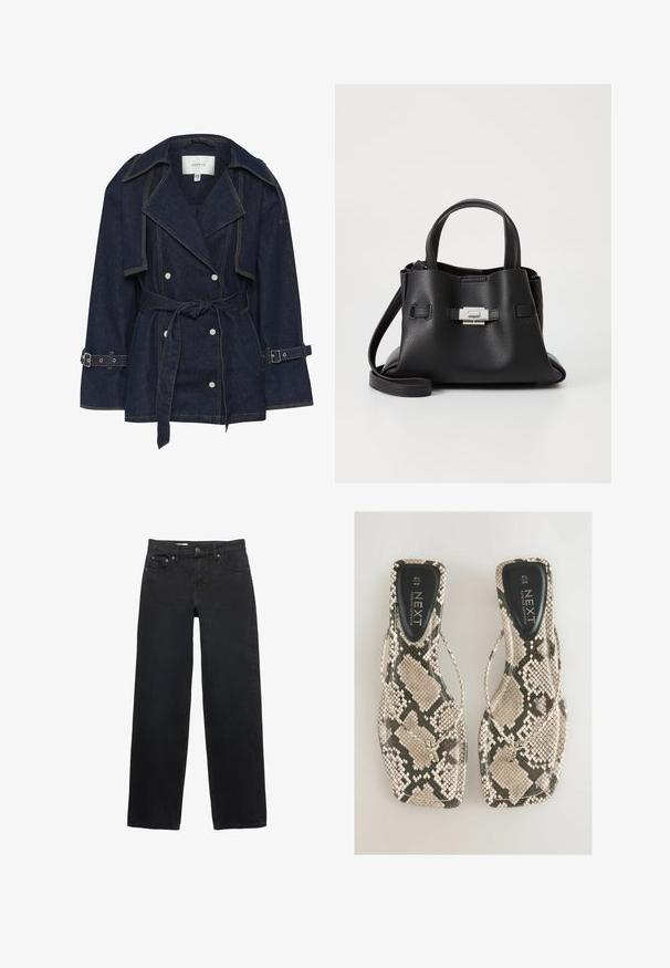 Gestuz SUMMER TRENCHCOAT - Spijkerjas - unwashed denim; Zwart langetermijn shirt van ribstof. Het heeft een ronde halslijn en een aansluitend ontwerp zonder zichtbare patronen of accenten.; Zwarte wijde jeans gemaakt van denim, met vijf zakken, een knoopsluiting, subtiele stiksels en een rechte snit van taille tot zoom.; Plat sandalen met een slangenleerpatroon in tinten beige en grijs, met een teenstuk en een gladde zwarte inlegzool met het label "NEXT."; Zwarte leren handtas met een gestructureerde afwerking, voorzien van twee handvatten, een verwijderbare schouderband en een zilveren sluiting.