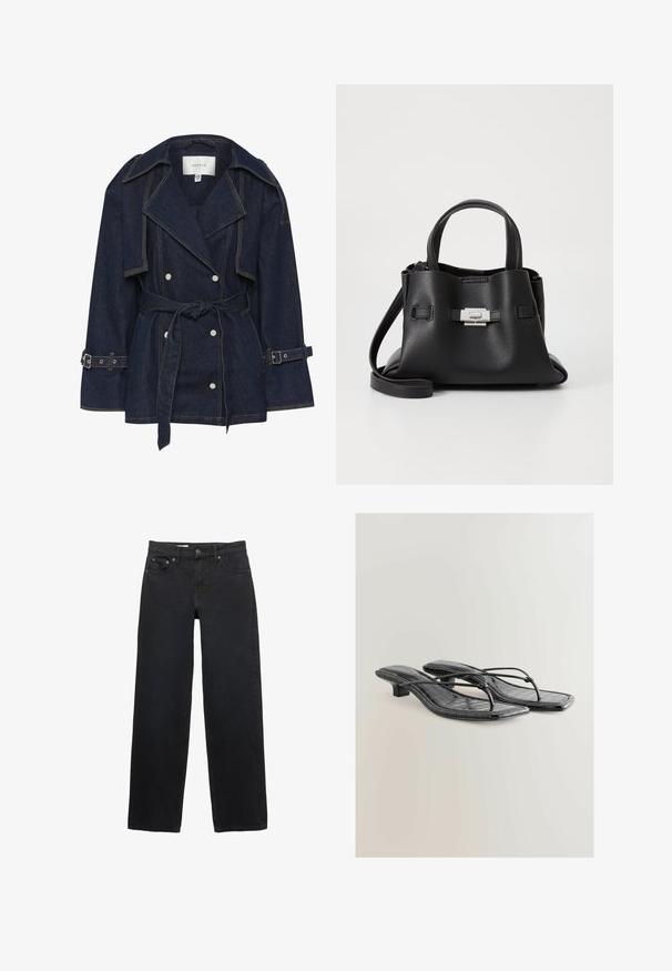 Gestuz SUMMER TRENCHCOAT - Jeansjacka - unwashed denim; Svart långärmad tröja i ribbat tyg. Den har en rund halsringning och en figurnära passform utan synliga mönster eller dekorationer.; Svarta jeans med vida ben, tillverkade av denim, med fem fickor, knäppning, diskret sömnad och rak skärning från midja till fåll.; Svarta lackade faux läder sandaler med klack, fyrkantig tå, tunna remmar och detaljer i krokodiltextur. Design med låg blockklack.; Svart läderhandväska med en texturerad yta, utrustad med två ovandelar, en avtagbar axelrem och en detalj med silverlås.