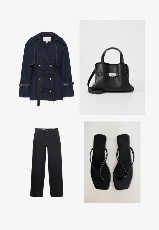 Gestuz SUMMER TRENCHCOAT - Jachetă din denim - unwashed denim; Cămașă lungă neagră cu mâneci lungi, confecționată dintr-un material ribbed. Are un decolteu rotund și un design ajustat, fără modele sau accente vizibile.; Jeans negre cu croi larg, fabricate din denim, având cinci buzunare, închidere cu nasture, cusături subtile și un tăiat drept de la talie până la poale.; Sandale negre plate cu bretele subțiri, o talpă rectangulară și o textură netedă. Caracteristici includ accente cu bretele legate și branding embossat.; Geantă de mână din piele neagră cu o finisare texturată, având două mânere superioare, o curea de umăr detașabilă și un detaliu cu închidere din argint.