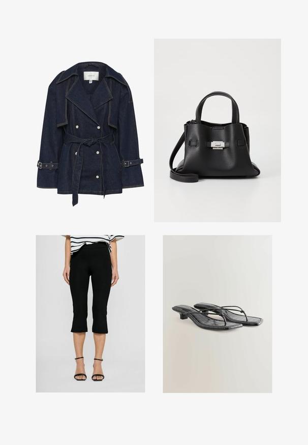 Gestuz SUMMER TRENCHCOAT - Spijkerjas - unwashed denim; Zwart langetermijn shirt van ribstof. Het heeft een ronde halslijn en een aansluitend ontwerp zonder zichtbare patronen of accenten.; Zwarte capri leggings met een zachte textuur en een elastische tailleband; de zoom loopt iets uit bij de kuiten, gecombineerd met zwarte sandalen met enkelbandje.; Zwarte gepatenteerde nepleren sandalen met hak, vierkante neus, dunne bandjes en krokodillenstructuur. Ontwerp met lage blokhak.; Zwarte leren handtas met een gestructureerde afwerking, voorzien van twee handvatten, een verwijderbare schouderband en een zilveren sluiting.