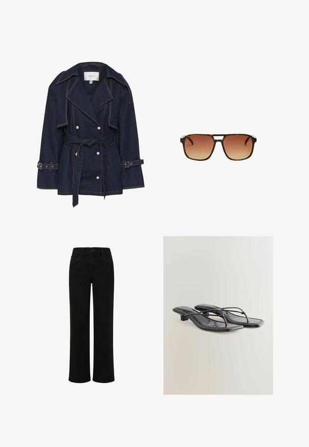 Gestuz SUMMER TRENCHCOAT - Denimová bunda - unwashed denim; Čierna dlhá rukávová košeľa vyrobená z rebrovanej tkaniny. Má okrúhly výstrih a priliehavý strih bez viditeľných vzorov alebo akcentov.; Čierne rovné džínsy s vysokým pásom, obsahujúce predné vrecká, s uzáverom na gombík a čistými líniami bez ozdôb.; Čierne lakované sandále na vysokom podpätku z faux kože so štvorcovou špičkou, tenkými popruhmi a detailami s krokodíliou textúrou. Dizajn s nízkym blokovým podpätkom.; Slnečné okuliare s korytnačkovým vzorom, s obdĺžnikovým rámom, hnedými gradientovými šošovkami a charakteristickým strieborným akcentom na mostíku.; Čierna kožená kabelka s textúrovaným povrchom, ktorá má dve vrchné rukoväte, odnímateľný popruh cez rameno a strieborný uzáver.