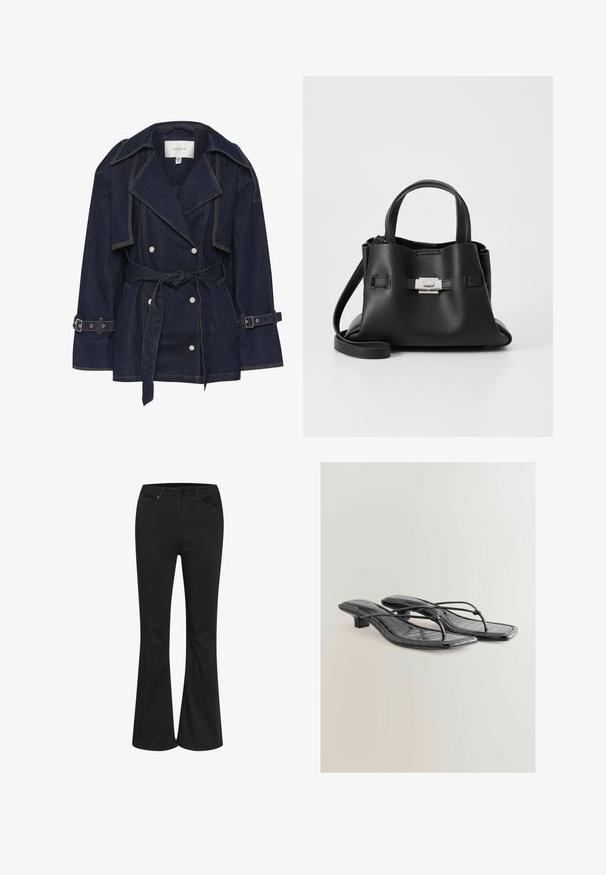 Gestuz SUMMER TRENCHCOAT - Chaqueta vaquera - unwashed denim; Camisa negra de manga larga hecha de tela acanalada. Presenta un escote redondo y un diseño ajustado sin patrones ni acentos visibles.; Jeans negros acampanados con una textura suave, que cuentan con un diseño clásico de cinco bolsillos y cierre de botón metálico. Diseñados para una cintura ajustada.; Sandalias de tacón de imitación de cuero liso negro con punta cuadrada, bandas delgadas y detalles de textura de cocodrilo. Diseño de tacón bajo.; Bolso de mano de cuero negro con un acabado texturizado, que cuenta con dos asas superiores, una correa de hombro desmontable y un detalle de broche plateado.