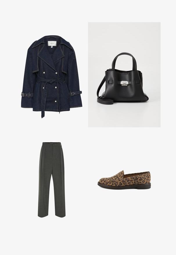 Gestuz SUMMER TRENCHCOAT - Jeansjacke - unwashed denim; Schwarzes und crèmefarbenes, gestreiftes Tanktop mit taillierter Passform, das dicke horizontale Streifen und ein zentriertes Logo auf der Vorderseite zeigt. Weicher Strickstoff.; Graue, maßgeschneiderte Hosen mit hoher Taille, die Falten, einen weiten Beinabschluss und eine glatte Textur aufweisen. Mit einem dezenten Reißverschluss geschlossen.; Schuhe mit Leo-Print im Slip-On-Stil und flacher Sohle, mit einer glatten, strukturierten Oberfläche und einem runden Zehenbereich.; Schwarze Ledertasche mit strukturiertem Finish, ausgestattet mit zwei oberen Griffen, einem abnehmbaren Schultergurt und einem silbernen Verschlussdetail.