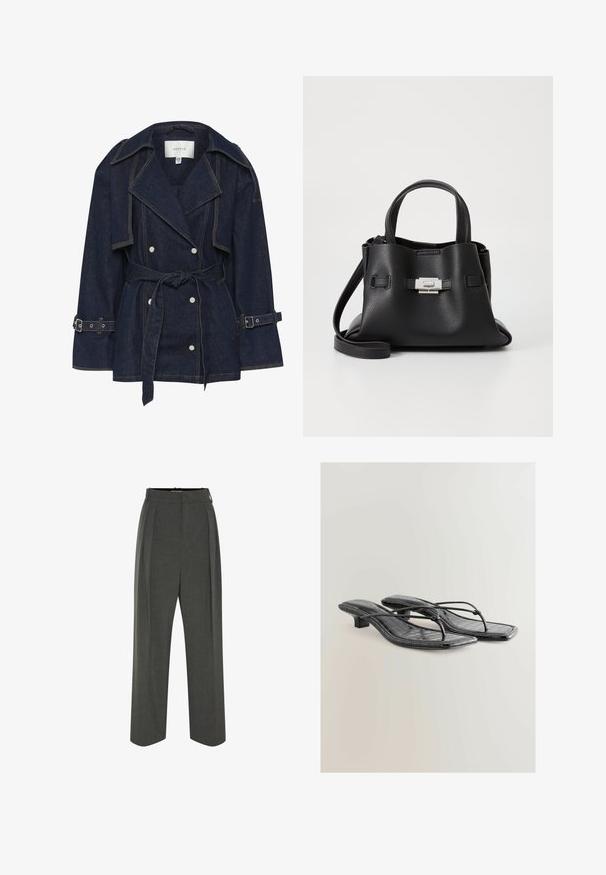 Gestuz SUMMER TRENCHCOAT - Cowboyjakker - unwashed denim; Sort og creme stribet tanktop med en tætsiddende pasform, der har tykke vandrette striber og et logo centreret foran. Blød strikstruktur.; Grå skræddersyede bukser med høj talje, der har pressefolder, bred benstil og en glat tekstur. Lukkes med en diskret lynlås.; Sorte patenteret faux læder hælede sandaler med firkantet tå, tynde stropper og krokodillemønster. Lav blokhæl design.; Sort læderhåndtaske med en tekstureret overflade, der har to bærehåndtag, en aftagelig skulderrem og en detalje med sølvspænde.