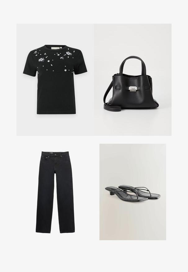 Gestuz SUMMER TRENCHCOAT - Jakna iz džinsa - unwashed denim; Črna kratkosleeve majica z razpršenimi prozornimi rhinestones in okrasitvami na sprednji strani. Narejena iz mehkega, fleksibilnega materiala.; Črne široke jeans hlače iz denima, s petimi žepi, gumbom za zapiranje, subtilnim šivanjem in ravnim krojem od pasu do roba.; Črne sandale z visokimi petami iz umetnega usnja z lakirano površino, s kvadratnim nosom, tankimi trakovi in podrobnostmi v obliki krokodila. Oblika nizke blokaste pete.; Črna usnjena torbica z teksturirano površino, ki ima dva zgornja ročaja, odstranljiv ramenski trak in podrobnosti z srebrnim zapiranjem.