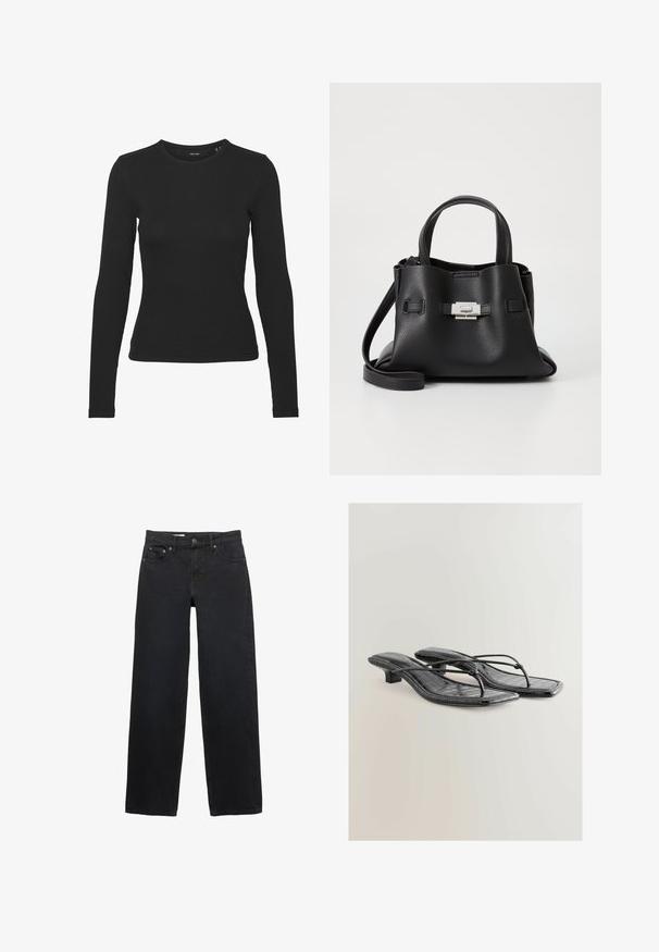 Gestuz SUMMER TRENCHCOAT - Jeansjacke - unwashed denim; Schwarzes Langarmshirt aus geripptem Stoff. Es hat einen runden Ausschnitt und eine figurnahe Passform ohne sichtbare Muster oder Akzente.; Schwarze weit geschnittene Jeans aus Denim, mit fünf Taschen, einem Knopfverschluss, dezenten Nähten und einem geraden Schnitt von der Taille bis zum Saum.; Schwarze lackierte Kunstleder-Absatzsandalen mit quadratischer Zehenpartie, dünnen Riemen und Krokodilstruktur. Design mit niedrigem Blockabsatz.; Schwarze Ledertasche mit strukturiertem Finish, ausgestattet mit zwei oberen Griffen, einem abnehmbaren Schultergurt und einem silbernen Verschlussdetail.