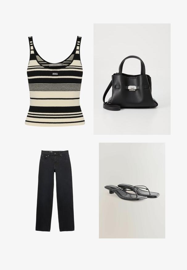 Gestuz SUMMER TRENCHCOAT - Farkkutakki - unwashed denim; Musta ja kerma raidallinen hihaton paita, jossa on istuva malli. Tässä paidassa on paksuja vaakasuoria raitoja ja keskellä etupuolella logo. Pehmeä neulepinta.; Mustat leveät farkut denimistä, joissa on viisi taskua, nappikiinnitys, hillitty ompelu ja suora leikkaus vyötäröstä helmaan.; Musta patentoitu keinonahkainen korolliset sandaalit, joissa on neliön muotoinen kärki, ohuet hihnat ja krokotiilikuosiset yksityiskohdat. Matala lohkokorko.; Mustat nahkaa oleva käsilaukku, jossa on teksturoitu pinta, kaksi yläkahvaa, irrotettava olkahihna ja hopeinen solk yksityiskohta.