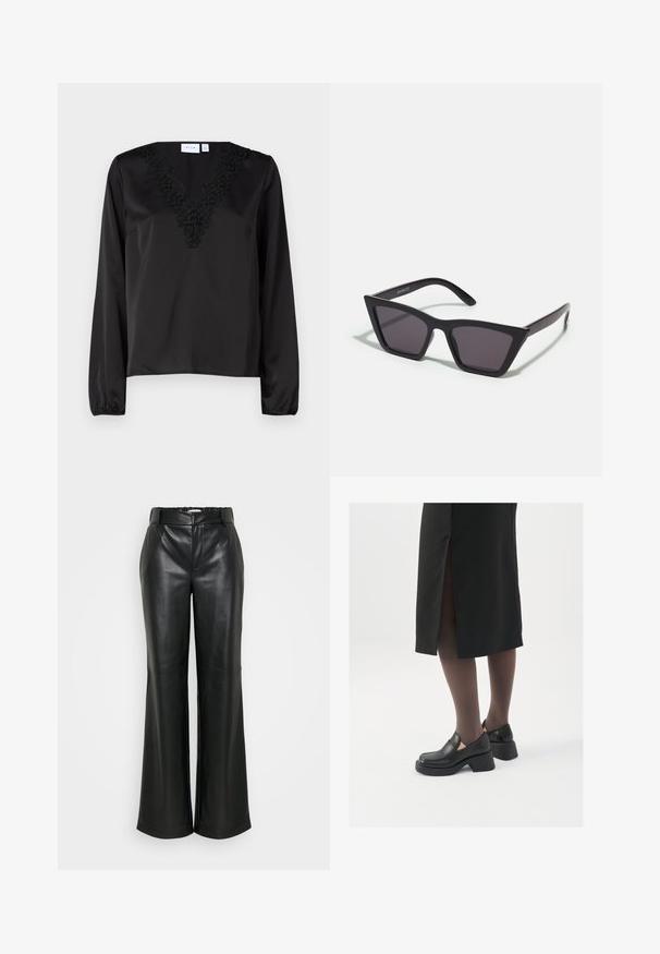Jakna iz umetnega krzna v nežni bež barvi, z visokim ovratnikom, dolgimi rokavi in kvadratnim krojem, s teksturirano, puhasto površino. Brez vidnih zapenjanj.; Črna dolga majica s dolgimi rokavi in V-izrezom, ki ima zapleteno črno cvetličasto vezenje. Gladka satenasta tekstura in elastični manšeti.; ONLY Tall ONLSMOOTH WIDE - Hlače - black; Črne usnjene čevlje s zaobljenim prstom, debelim blokastim petama in elastičnimi stranskimi detajli, v kombinaciji s temno nogavicami in črno krilo z razporkom.; Črne, angularne sončne očala z sivimi lečami; izdelana iz plastike, imajo debele ročke z gladko površino in brez vidne opreme.