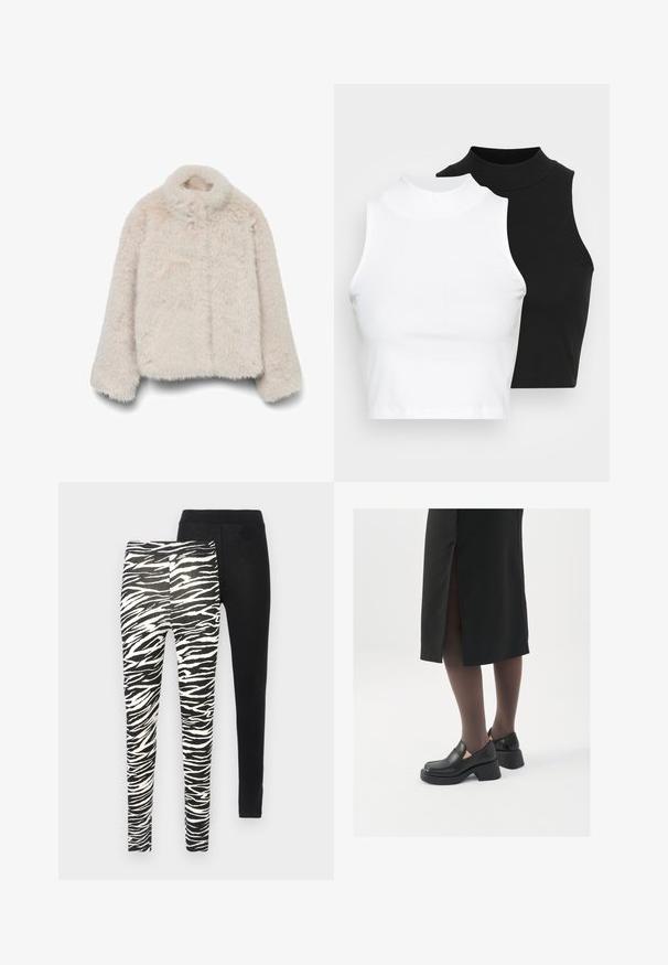 Bunda z umelého kožušina v jemnej béžovej farbe, s vysokým golierom, dlhými rukávmi a obdĺžnikovým strihom, s textúrovaným, nadýchaným povrchom. Žiadne viditeľné zapínania.; Dve bezrukávové rebrované roláky v čiernej a bielej farbe, pričom majú priliehavý strih a hladkú textúru, s krátkou dĺžkou.; Dve súpravy legín: jedna so vzorom čierno-bieleho zebra pruhu, druhá úplne čierna. Obe sú s elastickým pásom.; Čierne kožené topánky s okrúhlou špičkou, silným blokovým opätkom a elastickými bočnými akcentmi, skombinované s tmavými pančuchami a čiernou sukňou so štiepením.