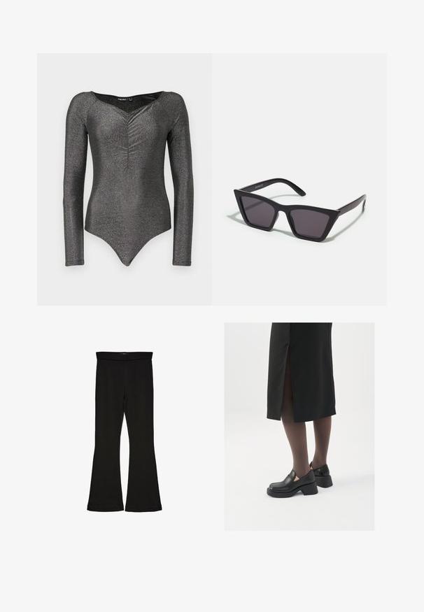 Casaco de pêlo sintético em bege suave, com gola alta, mangas compridas e formato quadrado, com superfície texturizada e felpuda. Sem fecho visível.; Body de mangas compridas em tecido preto brilhante com decote em V profundo e detalhe franzido na parte da frente, apresentando uma silhueta ajustada e fecho de pressão.; Leggings pretos em flare feitos de um tecido elástico. Apresentam uma cintura larga e uma textura suave, com um silhueta ajustada que se alarga na bainha.; Sapatos de couro pretos com bico arredondado, salto bloco grosso e detalhes elásticos laterais, combinados com meias escuras e uma saia preta com uma abertura.; Óculos de sol pretos, angulares, com lentes cinzas; feitos de plástico, apresentando hastes grossas com uma superfície lisa e sem hardware visível.