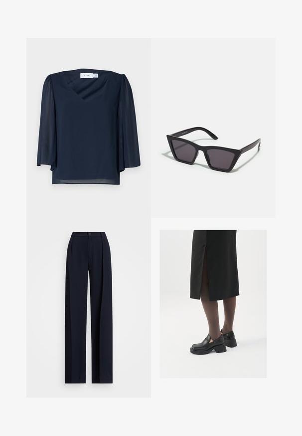 Faux fur jacket in soft beige, featuring a high collar, long sleeves, and a boxy shape, with a textured, fluffy surface. No closures visible.; Navy blue blouse with a V-neckline, short puff sleeves, and lightweight fabric. Features smooth texture and a relaxed fit.; Navy wide-leg trousers with pleats, a button closure, and a smooth fabric texture. Designed for loose, comfortable fit.; Black leather shoes with a rounded toe, thick block heel, and elastic side accents, paired with dark tights and a black skirt with a slit.; Black, angular sunglasses with gray lenses; made of plastic, featuring thick arms with a smooth surface and no visible hardware.