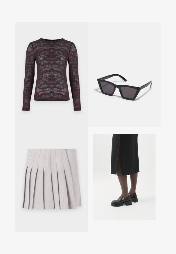 Chaqueta de piel sintética en beige suave, con cuello alto, mangas largas y una silueta cuadrada, con una superficie texturizada y esponjosa. Sin cierres visibles.; Camiseta de manga larga en burdeos con patrón abstracto gris; tejido ligero y ligeramente texturizado; cuello redondo, diseño ajustado.; Falda gris con pliegues y una textura suave, que presenta múltiples pliegues verticales y una cintura ajustada. Fabricada con un tejido ligero.; Zapatos de piel negra con punta redondeada, tacón grueso y bloque, y acentos elásticos en los laterales, combinados con unos pantys oscuros y una falda negra con una abertura.; Gafas de sol negras y angulares con lentes grises; fabricadas en plástico, con varillas gruesas de superficie suave y sin herrajes visibles.; Pendientes de aro plateados con un diseño minimalista. Forma circular, textura suave y perfil delgado. Livianos con un acabado pulido.