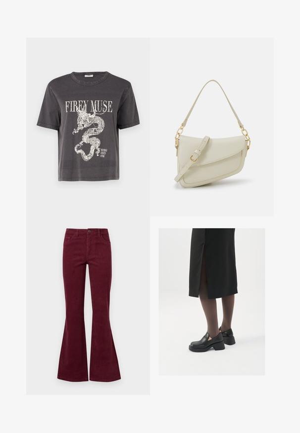 Chaqueta de piel sintética en beige suave, con cuello alto, mangas largas y una silueta cuadrada, con una superficie texturizada y esponjosa. Sin cierres visibles.; Camiseta recortada de color gris oscuro con mangas cortas que presenta un gráfico de un dragón blanco y el texto "MUSA LLAMEANTE" en una fuente en negrita. Material de algodón.; Jeans de pana burdeos acampanados con cinco bolsillos, cierre de botón en la parte delantera y tejido texturizado. Las campanas se extienden desde la rodilla hasta el dobladillo.; Zapatos de piel negra con punta redondeada, tacón grueso y bloque, y acentos elásticos en los laterales, combinados con unos pantys oscuros y una falda negra con una abertura.; Pequeño bolso de mano crema con un acabado texturizado, una correa larga y ajustable, un acento de cadena y cierre de solapa. Detalles en hardware dorado.