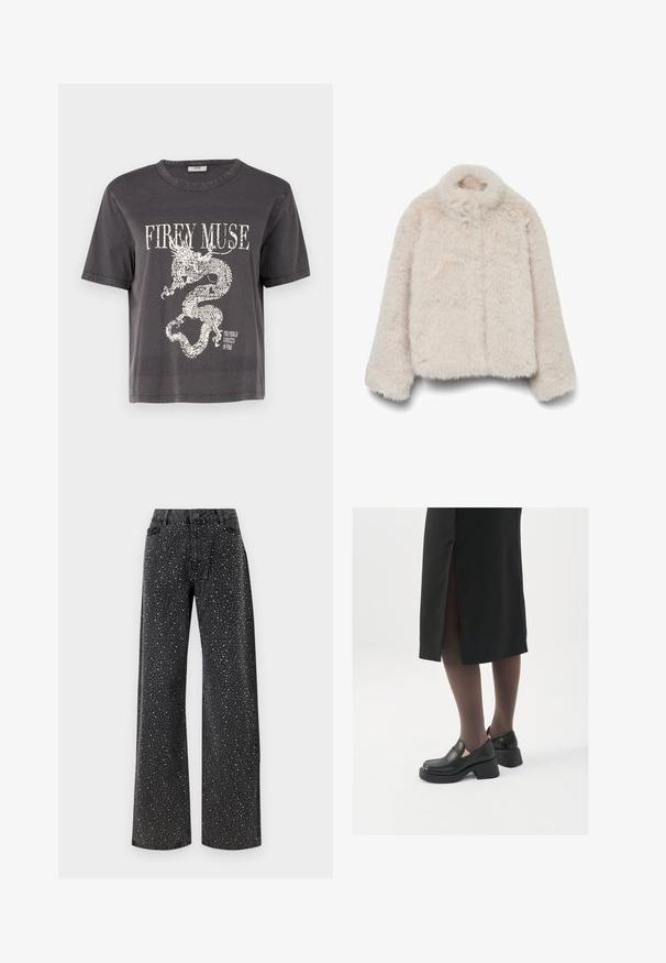 Faux-nahast jope pehmes beežis toonis, millel on kõrge krae, pikad varrukad ja karbikujuline lõige, tekstuurse, kohev pinnaga. Lukke ei ole nähtaval.; Tumehallid lühikesed varrukad, kroppitud t-särk, millel on valge draakoni graafika ja tekst "FIREY MUSE" julgelt tõstetud fondis. Puuvilla materjal.; Noisy May NMJANNEL LOOSE - Avar lõikega teksad - black denim; Mustad mustad jalatsid ümmarguse varbaga, paksu plokkniidi ja elastsete külgdetailidega, kombineeritud tumedate sukkade ja musta lõhikuga seelikuga.