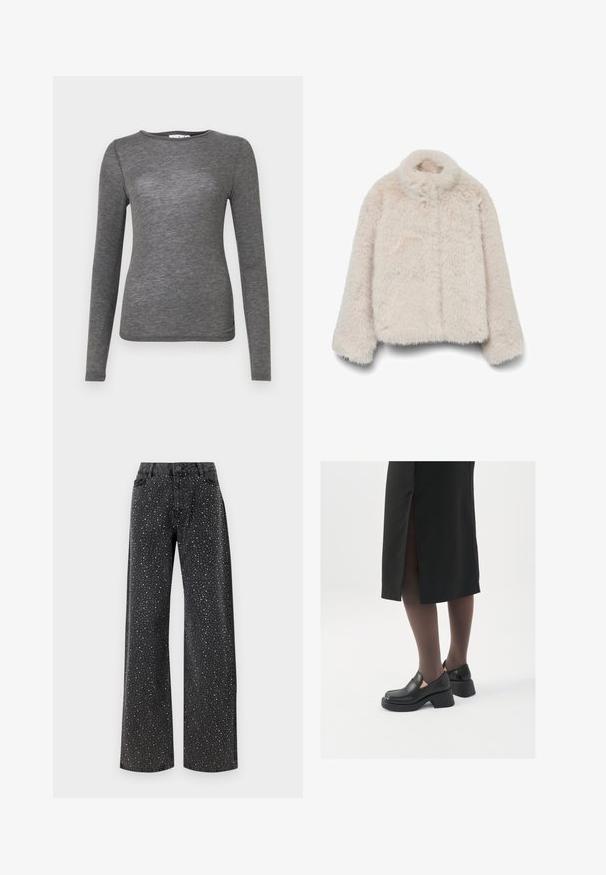 Faux-nahast jope pehmes beežis toonis, millel on kõrge krae, pikad varrukad ja karbikujuline lõige, tekstuurse, kohev pinnaga. Lukke ei ole nähtaval.; Pikkade varrukatega särk pehmest hallist kangast, figureeriv disain ümmarguse kaelusega ja sileda tekstuuriga, minimaalsete õmblustega.; Noisy May NMJANNEL LOOSE - Avar lõikega teksad - black denim; Mustad mustad jalatsid ümmarguse varbaga, paksu plokkniidi ja elastsete külgdetailidega, kombineeritud tumedate sukkade ja musta lõhikuga seelikuga.