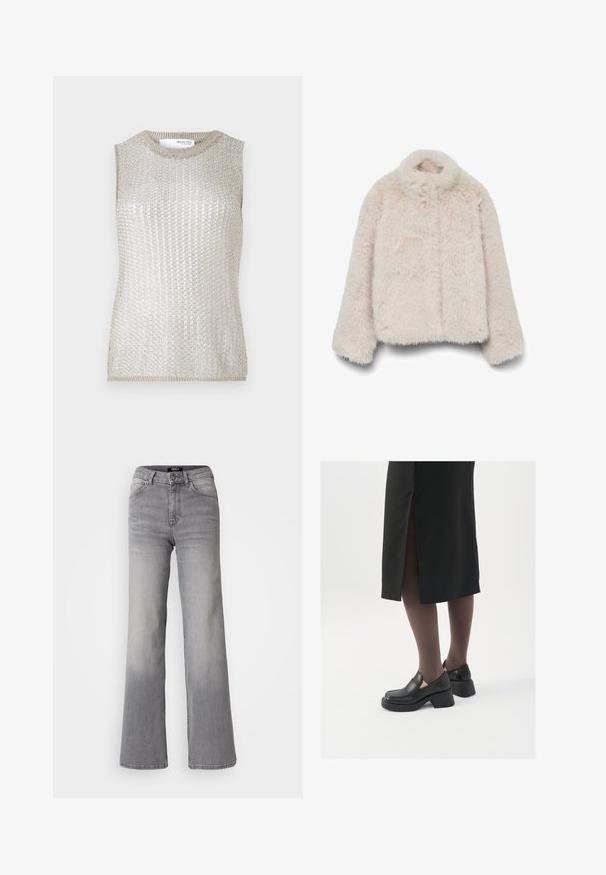 Faux fur jacket in soft beige, featuring a high collar, long sleeves, and a boxy shape, with a textured, fluffy surface. No closures visible.; Sleeveless top in metallic silver knit fabric. Features a ribbed texture and a crew neck. Simple, form-fitting design without additional accents.; High-waisted straight-leg gray denim jeans with front button and zipper, front and back pockets, and faded shading on thighs and calves.; Black leather shoes with a rounded toe, thick block heel, and elastic side accents, paired with dark tights and a black skirt with a slit.