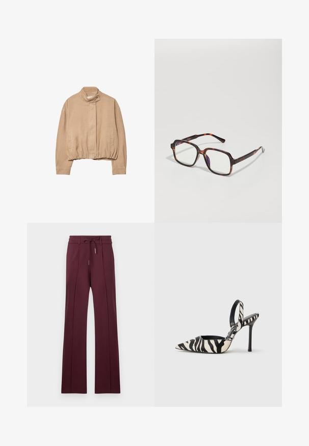 Beige corduroy jacket with a high collar, elasticized hem, and front snap closure. Features side pockets and ribbed texture.; White crewneck long-sleeve sweater with ribbed cuffs and hem, featuring a soft, slightly fuzzy texture.; Burgundy wide-leg trousers made of soft fabric with a drawstring waistband and front pleats. Flat hem and smooth texture.; Pointed-toe slingback heel in black and cream zebra print, featuring a slim high heel and open back design with a black interior.; Tortoiseshell sunglasses with square frames, clear lenses, and slender temples featuring a subtle logo detail. Matte and glossy finish.; Large black and beige patterned shoulder bag with a soft, textured finish and adjustable leather straps. Features subtle metal accents.; Anna Field LEATHER - Gloves - black