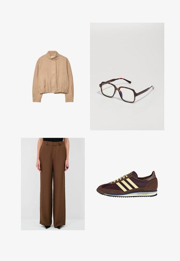 Beige corduroy takki korkealla kauluksella, joustava helma ja etu-napitus. Sisältää sivutaskut ja ribbatun tekstuurin.; Ruskea neulepaita, jossa on pyöreä kaula-aukko, rento malli ja lyhyet, leveät hihat. Pehmeä rakenne, sopii arkikäyttöön.; Ruskeat leveät housut, joissa on sileä pinta, varustettu vyölenkeillä ja laskoksilla, yhdistetty mustiin korkokenkiin erottuvan ilmeen saavuttamiseksi.; Ruskea ja burgundin värinen lenkkari, jossa on yksityiskohtina mokkaa ja verkkomateriaalia, kolmea kermaista raitaa, tekstuuripinta kielekkeessä ja kumipohja.; Silmakuoriset aurinkolasit neliömäisillä kehykillä, kirkkailla linsseillä ja hoikilla varsilla, joissa on hienovarainen logotyyppitys. Mattapintainen ja kiiltävä viimeistely.