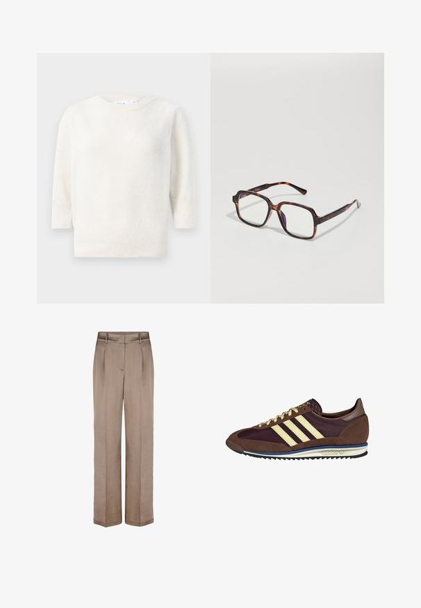 Beige Cordjacke mit hohem Kragen, elastischem Saum und Druckknopfverschluss vorne. Verfügt über Seitentaschen und gerippte Textur.; Weißer gestrickter Pullover mit Rundhalsausschnitt, halblangen Ärmeln und geripptem Saum. Weicher Stoff, leichtes Material und keine sichtbaren Muster.; Beige weite Hosen mit glatter Textur, featuring einen flachen Bund, zwei Falten und seitlichen Taschen. Aus leichtem Stoff gefertigt.; Braune und burgunderfarbene Sneaker aus Wildleder und Mesh-Materialien, mit drei cremefarbenen Streifen, strukturiertem Stoff an der Zunge und einer Gummisohle.; Schildpatt-Sonnenbrillen mit quadratischen Rahmen, klaren Gläsern und schlanken Bügeln mit einem dezenten Logodetail. Matte und glänzende Oberflächen.; Große schwarze und beige gemusterte Schultertasche mit einer weichen, strukturierten Oberfläche und verstellbaren Lederträgern. Verfügt über dezente metallelemente.