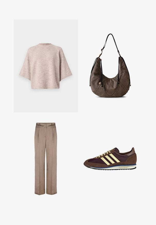 Beige corduroy jacket with a high collar, elasticized hem, and front snap closure. Features side pockets and ribbed texture.; Light pink oversized sweater with a crew neckline, wide sleeves, and soft, knitted texture. No visible patterns or hardware details.; Beige wide-leg trousers with a smooth texture, featuring a flat front, two pleats, and side pockets. Designed from lightweight fabric.; Brown and burgundy sneaker with suede and mesh materials, featuring three cream stripes, textured fabric on the tongue, and a rubber sole.; Large black and beige patterned shoulder bag with a soft, textured finish and adjustable leather straps. Features subtle metal accents.
