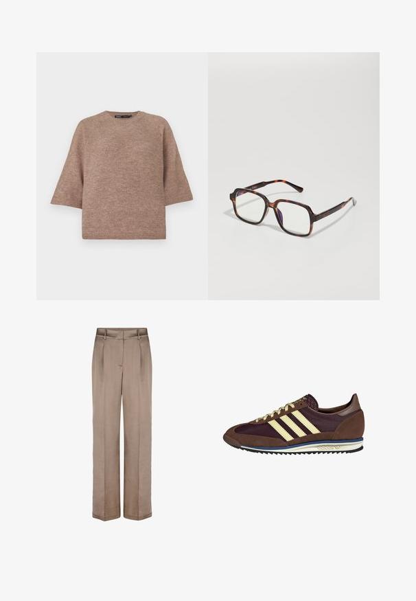 Beige corduroy jacket with a high collar, elasticized hem, and front snap closure. Features side pockets and ribbed texture.; Brown knitted sweater with a crew neckline, relaxed fit, and short, wide sleeves. Soft texture, suitable for casual wear.; Beige wide-leg trousers with a smooth texture, featuring a flat front, two pleats, and side pockets. Designed from lightweight fabric.; Brown and burgundy sneaker with suede and mesh materials, featuring three cream stripes, textured fabric on the tongue, and a rubber sole.; Tortoiseshell sunglasses with square frames, clear lenses, and slender temples featuring a subtle logo detail. Matte and glossy finish.; Large black and beige patterned shoulder bag with a soft, textured finish and adjustable leather straps. Features subtle metal accents.