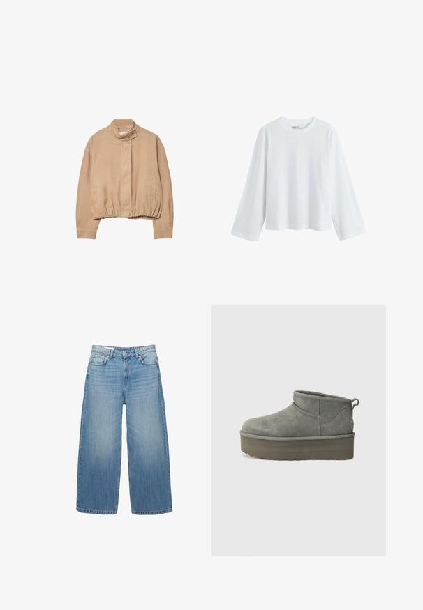 Béžová kordurová bunda s vysokým límcem, elastickým lemem a předním zacvakáváním. Obsahuje boční kapsy a žebrovanou texturu.; Bílý dlouhý rukáv tričko vyrobené z měkké bavlny, s kulatým výstřihem a designem s klesajícími rameny, s uvolněným střihem a bez viditelných vzorů.; Světle modré džíny s širokými nohavicemi vyrobené z denimu, s klasickým pětispotkovým designem a zapínáním na knoflík. Vybledlý vzhled po celém povrchu.; Šedé semišové kotníkové boty s kulatou špičkou, nízkým střihem a silnou platformou. Mají poutko na patě a šité detaily.