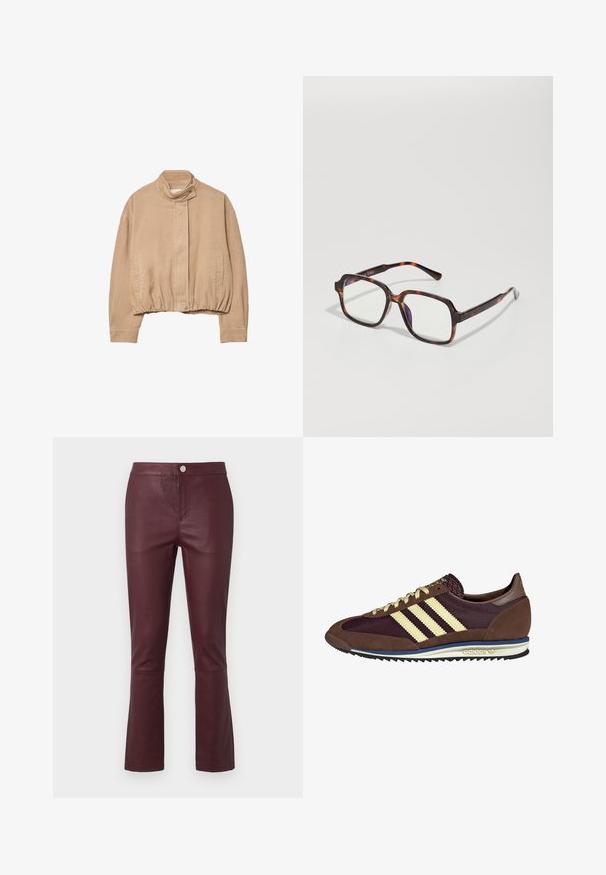 Beige corduroyjas met een hoge kraag, elastische zoom en drukknopen aan de voorkant. Beschikt over zijzakken en ribbeltextuur.; Witte mouwloze tanktop van ribstof, met een ronde halslijn en een aansluitende pasvorm, met minimale naden en zonder versieringen.; Bordeaux neplederen broek met een slim fit, uitlopende onderkant, voorzakken en een metalen knoopsluiting bij de taille. Glad textuur.; Bruine en bordeauxkleurige sneaker van suede en mesh materiaal, met drie crèmekleurige strepen, een gemêleerd stof op de tong en een rubberen zool.; Tortoisekleurige zonnebril met vierkante montuur, heldere lenzen en slanke pootjes met een subtiele logo-detail. Matte en glanzende afwerking.