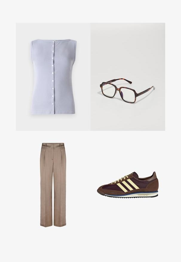 Beige Cordjacke mit hohem Kragen, elastischem Saum und Druckknopfverschluss vorne. Verfügt über Seitentaschen und gerippte Textur.; Hellpurpurfarbener, gerippter, ärmelloser Oberteil mit rundem Ausschnitt und Knopfleiste, die mit sieben kleinen weißen Knöpfen versehen ist.; Beige weite Hosen mit glatter Textur, featuring einen flachen Bund, zwei Falten und seitlichen Taschen. Aus leichtem Stoff gefertigt.; Braune und burgunderfarbene Sneaker aus Wildleder und Mesh-Materialien, mit drei cremefarbenen Streifen, strukturiertem Stoff an der Zunge und einer Gummisohle.; Schildpatt-Sonnenbrillen mit quadratischen Rahmen, klaren Gläsern und schlanken Bügeln mit einem dezenten Logodetail. Matte und glänzende Oberflächen.; Große schwarze und beige gemusterte Schultertasche mit einer weichen, strukturierten Oberfläche und verstellbaren Lederträgern. Verfügt über dezente metallelemente.