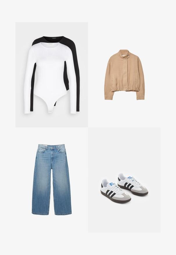 Béžová kordurová bunda s vysokým límcem, elastickým lemem a předním zacvakáváním. Obsahuje boční kapsy a žebrovanou texturu.; Černobílé body s dlouhým rukávem a kulatým výstřihem. Vyrobeno z měkké, pružné látky, má spodní část ve stylu tanga a přiléhavé rukávy.; Světle modré džíny s širokými nohavicemi vyrobené z denimu, s klasickým pětispotkovým designem a zapínáním na knoflík. Vybledlý vzhled po celém povrchu.; Sportovní boty s bílým koženým svrškem, šedou semišovou špičkou a třemi černými pruhy. Obsahují modré logo na jazyku a texturovanou gumovou podrážku.