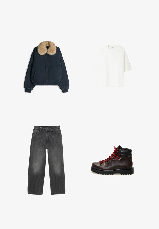 Veste de pilote marine avec un col en fausse fourrure beige et pelucheux, dotée de deux poches avant et d'une fermeture éclair, fabriquée en tissu texturé.; T-shirt blanc à manches courtes en coton, avec un col rond et une coupe décontractée avec une ligne d'ourlet droite.; Jean large en denim noir avec fines rayures verticales, design à cinq poches et fermeture avant à boutons. Texture usée près des poches.; Botte de randonnée en cuir marron avec un col noir rembourré, des lacets rouges, des œillets en métal et une semelle en caoutchouc noir épais sur fond blanc.