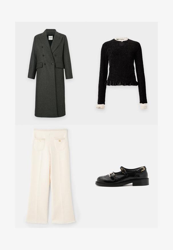 Tamno siva vuna mješavina dvostruko zakopčani kaput s reverima, dva prednja džepa i dva velika crna dugmeta. Dugi rukavi, dizajn do koljena.; Crna majica dugih rukava od teksturiranog materijala, s volanima na rubu i bijelim volanima na ovratniku i manžetama. Ima središnje zatvaranje s petljom.; Bijele, teksturirane široke hlače s poderanim rubom, sa dva stražnja džepa, zlatnim dugmadima i šivenim detaljima na struku.; Crne kožne cipele s brogue detaljima, koje imaju dva remena sa kopčama, okrugli vrh i niski potplat. Glatka tekstura s sjajnim završetkom.