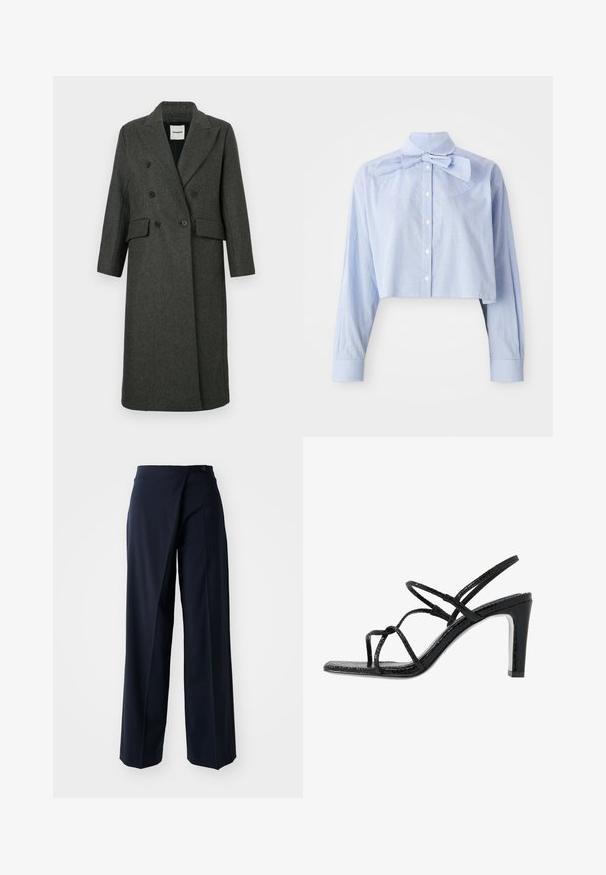Σκούρο γκρίζο παλτό από μάλλινη ίνα με διπλό κούμπωμα και διακριτά πατιλέτα, δύο μπροστινές τσέπες και δύο μεγάλα μαύρα κουμπιά. Μακριά μανίκια, μήκος μέχρι το γόνατο.; Ανοιχτό μπλε και λευκή κοντή μπλούζα με μικρές ρίγες, μακριά μανίκια, κουμπιά μπροστά, ψηλό γιακά και μεγάλη λεπτομέρεια φιόγκου.; Ναυτικές παντελόνες με φαρδιά πόδια που διαθέτουν σχέδιο τύπου περιτυλίγματος, απαλό ύφασμα, ψηλή μέση και μία κουμπότρυπα στο μπροστινό μέρος.; Μαύρες ψηλοτάκουνες σανδάλες με λεπτές λωρίδες, υφή, ανοιχτή μύτη και κομψό, μυτερό σχέδιο τακουνιού. Διαθέτουν λείο πέλμα και γυαλιστερή επιφάνεια.