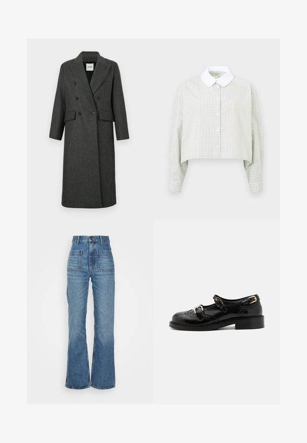 Manteau croisé gris foncé en mélange de laine avec des revers crantés, deux poches avant et deux grands boutons noirs. Manches longues, design jusqu'aux genoux.; Chemise à manches longues coupée à motifs carreaux verts clairs et blancs. Elle présente un col blanc et des poignets à boutons. Tissu doux.; Jeans en denim bleu taille haute avec une jambe évasée, deux poches avant et deux poches arrière ; tissu texturé avec une teinte délavée.; Chaussures en cuir noir avec détails de brogue, dotées de deux sangles à boucle, d'un bout arrondi et d'un talon bas. Texture lisse avec finition brillante.