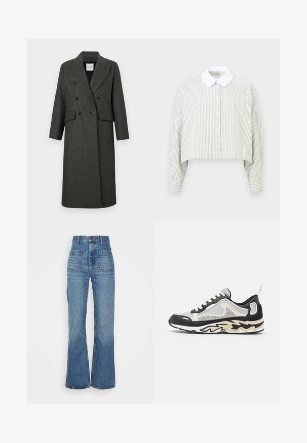 Mørkegrå uldblandet dobbeltbrystet frakke med klapkrave, to frontlommer og to store sorte knapper. Lange ærmer, knælangt design.; Skåret skjorte i lys grøn og hvidt ternet mønster. Har en hvid krave og lange ærmer med knapmanchetter. Blødt stof.; Højtkaldte blå denimjeans med flagrende ben, to forlommer og to baglommer; struktureret stof med en falmet vask.; Grå sneakers med sorte accenter, netpaneler og hvide snørebånd. Har et flamme mønster på sålen og en lille gul trækstrop ved hælen.