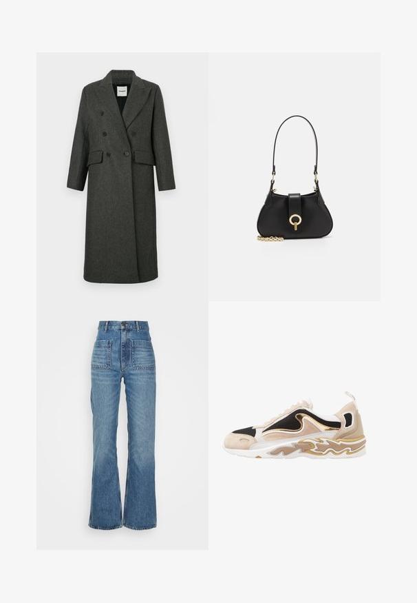 Tumši pelēks vilnas auduma divrindiņu mētelis ar iegrieztām atlociņām, divām priekšējām kabatām un divām lielām melnām pogām. Garas piedurknes, līdz ceļiem garš dizains.; Izgriezts pogkrekls gaiši zaļā un baltā rūtainā rakstā. Ar baltu apkakli un garām piedurknēm ar pogām. Mīksts audums.; Augstu jostas zila denima bikses ar izplestiem galiem, divām priekšējām kabatām un divām aizmugurējām kabatām; teksturēts audums ar izbalējušu krāsu.; Tenisītes ar melnu sietu augšdaļu, brūnas zamša akcentiem un zelta metālisku detaļu. Iezīmējas ar baltu zoli ar viļņu rakstu.; sandro JANET - Rokassoma - noir