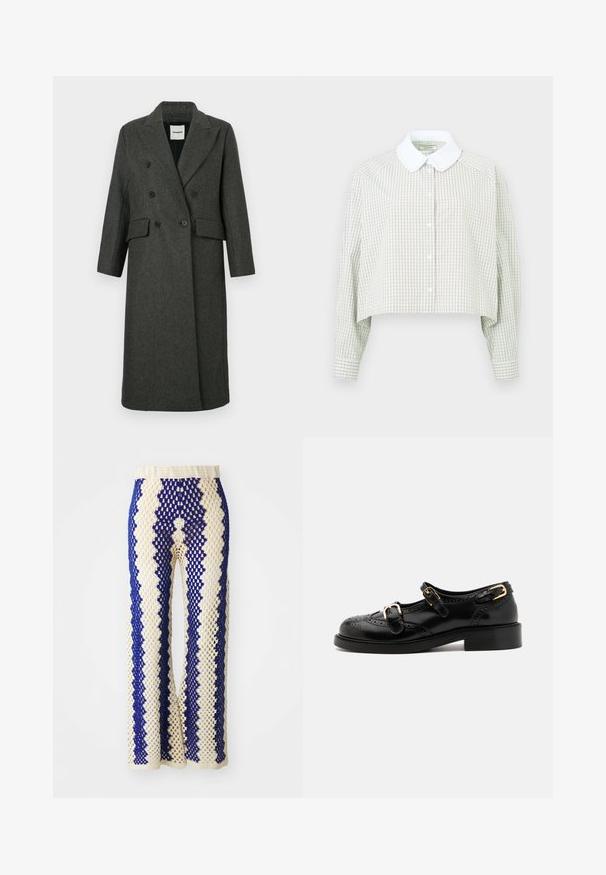 Tumši pelēks vilnas auduma divrindiņu mētelis ar iegrieztām atlociņām, divām priekšējām kabatām un divām lielām melnām pogām. Garas piedurknes, līdz ceļiem garš dizains.; Izgriezts pogkrekls gaiši zaļā un baltā rūtainā rakstā. Ar baltu apkakli un garām piedurknēm ar pogām. Mīksts audums.; Krošu platās bikses krēmkrāsā un tumši zilos toņos, ar ģeometrisku rakstu, elastīgu jostu un atvērtas struktūras tekstūru visā virsmā.; Melnas ādas kurpes ar brogue detaļām, ar diviem sprādžu siksnām, noapaļotu purngalu un zemu papēdi. Gluda tekstūra ar spīdīgu apdari.