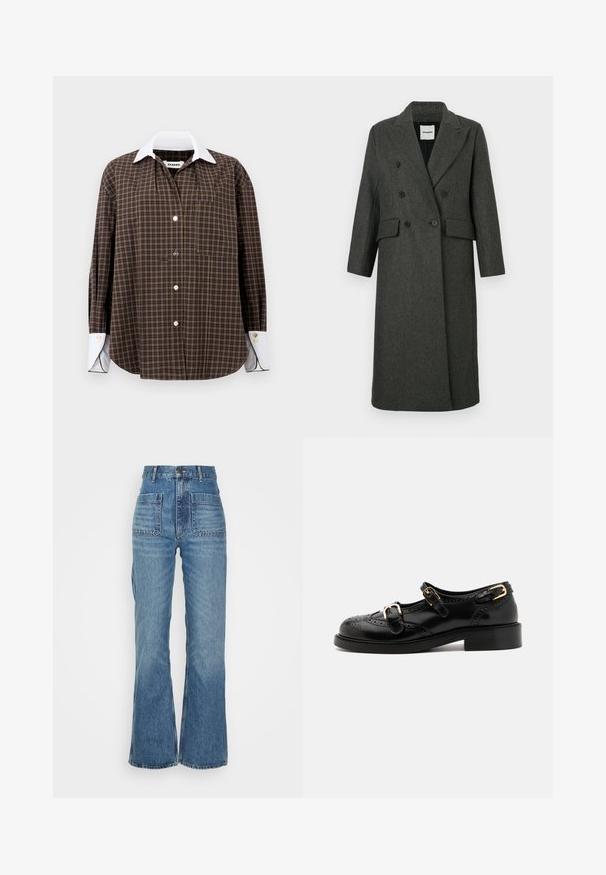 Ciemnoszary płaszcz wełniany z podwójnym zapięciem, z klapami, dwoma przednimi kieszeniami i dwoma dużymi czarnymi guzikami. Długie rękawy, długość do kolan.; Brązowa i zielona koszula w kratkę z białym kołnierzykiem, długimi rękawami, zapięciem na guziki z przodu oraz jedną kieszenią na piersi; cechuje się delikatną teksturą i zaokrąglonym hemem.; Wysokie niebieskie dżinsy z rozszerzanymi nogawkami, z dwiema przednimi kieszeniami i dwiema tylnymi kieszeniami; materiał o fakturze z wyblakłym odcieniem.; Czarne skórzane buty z detalami brogu, z dwoma klamrami, okrągłym noskiem i niskim obcasem. Gładka tekstura z błyszczącym wykończeniem.