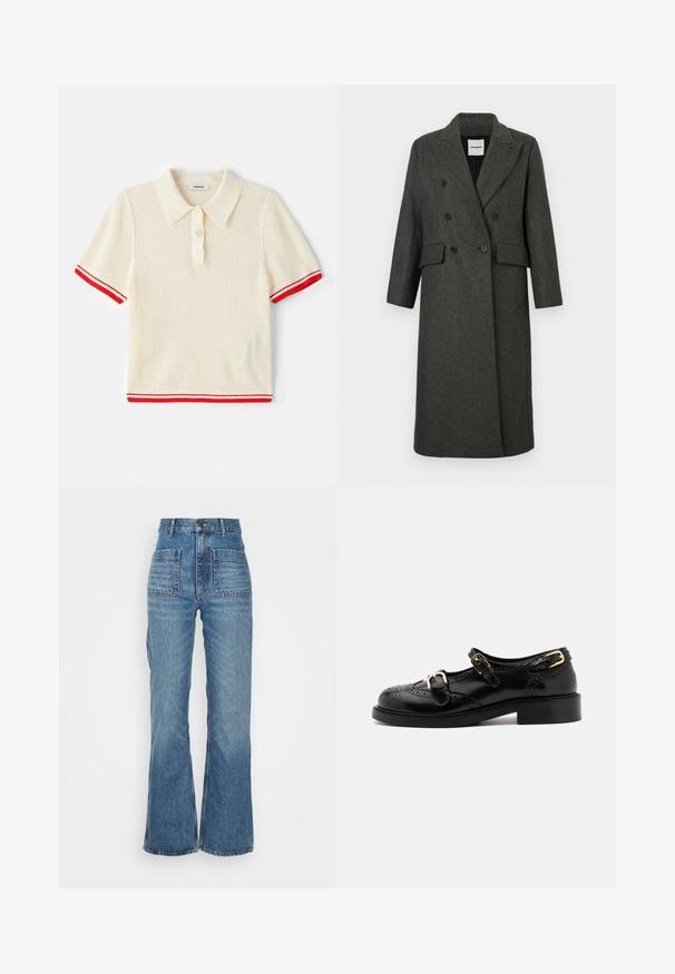 Tmavě šedý kabát z vlněné směsi s dvojitým zapínáním a klopami, dvěma předními kapsami a dvěma velkými černými knoflíky. Dlouhé rukávy, délka po kolena.; sandro RESILLE MINI RAYURES - Polotričko - ecru; Zkrácená košile s knoflíčky v šedozelené a bílé kostkované vzoru. Má bílý límec a dlouhé rukávy s knoflíkovými manžetami. Měkká tkanina.; Džíny z modrého denimu s vysokým pasem a rozšířenými nohavicemi, dvěma předními kapsami a dvěma zadními kapsami; texturovaná látka s bledým praním.; Černé kožené boty s brogue detaily, vybavené dvěma sponami, zaoblenou špičkou a nízkým podpatkem. Hladký povrch s lesklým finišem.