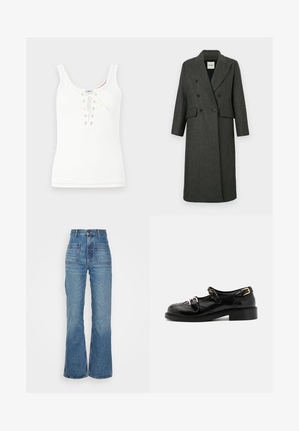 Cappotto doppiopetto in misto lana grigio scuro con revers, due tasche frontali e due grandi bottoni neri. Maniche lunghe, design fino al ginocchio.; Top in cotone bianco a coste con scollatura rotonda, caratterizzato da un’apertura con lacci e occhielli metallici, rifinito con dettagli di cucitura a contrasto.; Camicia button-up corta in verde chiaro e bianco a quadretti. Presenta un colletto bianco e maniche lunghe con polsini abbottonati. Tessuto morbido.; Jeans in denim blu a vita alta con gamba svasata, due tasche frontali e due tasche posteriori; tessuto testurizzato con un lavaggio sbiadito.; Scarpe in pelle nera con dettagli brogue, dotate di due cinturini con fibbia, punta arrotondata e tacco basso. Texture liscia con finitura lucida.