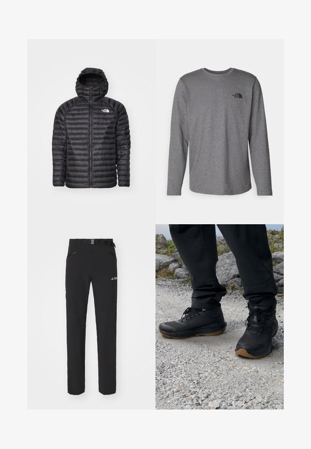Černá zateplená bunda s kapucí, se zapínáním na zip, přešívanou texturou a logem na levém prsu. Navržena pro teplo a lehkou pohodlnost.; The North Face M L/S SIMPLE DOME TEE - Top s dlouhým rukávem - medium grey heather; Černé venkovní kalhoty s hladkým materiálem, bočními zipovými kapsami, zesílenými částmi kolen a nastavitelným pasem se sponou.; Černé turistické boty z prodyšných a gumových materiálů, s texturovaným povrchem, tkaničkami a gumovou podrážkou, vhodné do terénu.
