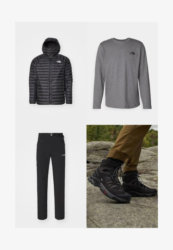 Mustassa topatussa takissa on huppu, täysipitkä vetoketju, tikattu rakenne ja logo vasemmassa rinnassa. Suunniteltu lämpöä ja keveyttä varten.; The North Face M L/S SIMPLE DOME TEE - Pitkähihainen paita - medium grey heather; Mustat ulkoiluhousut, joissa on sileä kangas, sivuilla vetoketjulliset taskut, vahvistetut polviosat ja säädettävä vyötärö, jossa on solki.; Mustat vaelluskengät, joissa on verkkokangas- ja nahkapinta, kova kanta, säädettävät nauhat ja pehmustettu kaulus, sijoitettuna kiviselle pinnalle.