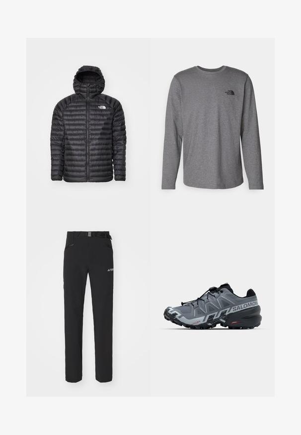 Mustassa topatussa takissa on huppu, täysipitkä vetoketju, tikattu rakenne ja logo vasemmassa rinnassa. Suunniteltu lämpöä ja keveyttä varten.; The North Face M L/S SIMPLE DOME TEE - Pitkähihainen paita - medium grey heather; Mustat ulkoiluhousut, joissa on sileä kangas, sivuilla vetoketjulliset taskut, vahvistetut polviosat ja säädettävä vyötärö, jossa on solki.; Harmaa maastojuoksukenkä, jossa on texturoitu pinta, mustat yksityiskohdat, matala siluetti ja monisuuntaiset urat pohjassa pidon parantamiseksi.