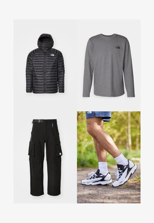 Sort polstret jakke med hætte, der har fuld lynlås, quiltet struktur og logo på venstre bryst. Designet til varme og let komfort.; The North Face M L/S SIMPLE DOME TEE - Langærmet T-shirt - medium grey heather; Sorte cargo-bukser lavet af slidstærkt stof, med flere lommer, et bælte, og et logo på den nederste del af benet. Lige snit med en glat tekstur.; Sorte og hvide sportsko med mesh-overdel, teksturerede accenter og hvide snørebånd. Båret med hvide ankelstrømper og marineblå shorts på en sti.