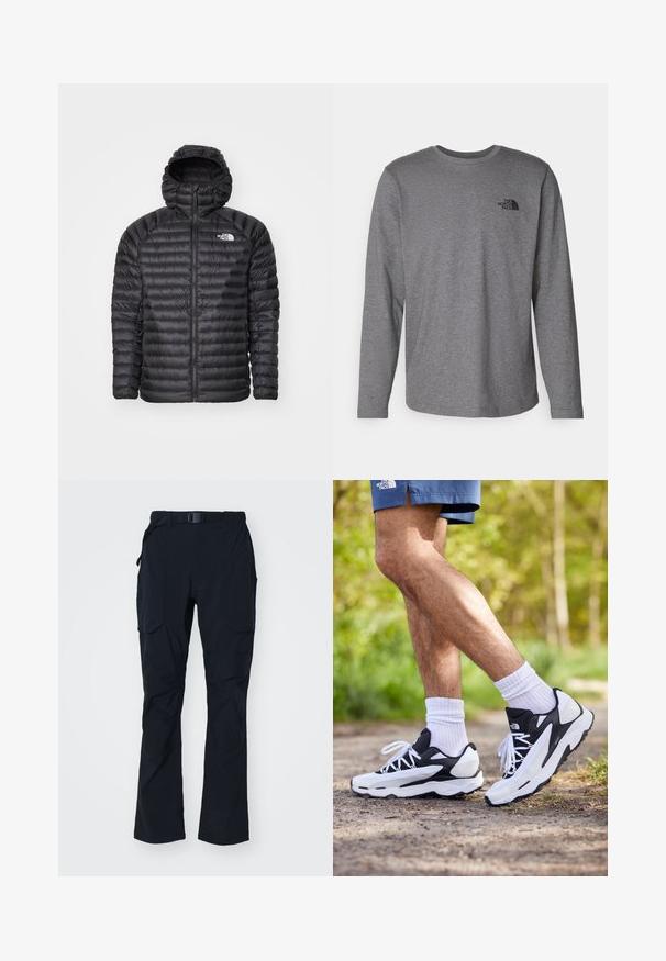 Mustassa topatussa takissa on huppu, täysipitkä vetoketju, tikattu rakenne ja logo vasemmassa rinnassa. Suunniteltu lämpöä ja keveyttä varten.; The North Face M L/S SIMPLE DOME TEE - Pitkähihainen paita - medium grey heather; Mustat, kevyet ulkoiluhousut suoralinjaisella muotoilulla, joustava vyötärö, säädettävä vyö ja kaksi sivutaskua säilytystä varten.; Mustat ja valkoiset urheilukengät, joissa on verkkopinta, tekstuuriset yksityiskohdat ja valkoiset nauhat. Yhdistetty valkoisiin nilkkasukkiin ja laivaston sinisiin shortsireihin polulla.
