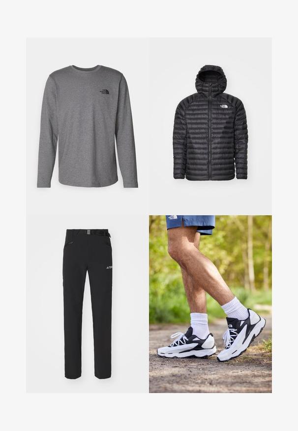 Schwarze gepolsterte Jacke mit Kapuze, ausgestattet mit einem durchgehenden Reißverschluss, gestepptem Design und Logo auf der linken Brust. Entworfen für Wärme und leichten Tragekomfort.; The North Face M L/S SIMPLE DOME TEE - Langarmshirt - medium grey heather; Schwarze Outdoor-Hosen aus glattem Stoff, mit seitlichen Reißverschlusstaschen, verstärkten Kniepartien und einem verstellbaren Bund mit Schnalle.; Schwarz-weiße Sportschuhe mit einem Obermaterial aus Mesh, strukturierten Akzenten und weißen Schnürsenkeln. getragen mit weißen Knöchelsocken und dunkelblauen Shorts auf einem Weg.