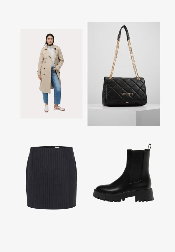 Beige Trenchcoat mit doppelter Knopfleiste und dunklen Knöpfen, kombiniert mit einem hellgrauen Sweatshirt und blauen Jeans, accessoriert mit Sneakers.; Weißes Langarmshirt aus Baumwollmischung mit runden Ausschnitt und schmaler Passform. Keine sichtbaren Muster oder Akzente.; Dunkelblaue Rock mit vertikalen weißen Streifen, schmaler Schnitt, glatte Textur und Reißverschluss hinten, am unteren Rand gesäumt.; Schwarze Leder-Stiefelette mit einem strukturierten Seitenpanel, runder Zehenpartie und klobigem Plateau-Sohlenprofil mit Zickzack-Profil.; Schwarze, gesteppte Leder-Handtasche mit goldener Kettenriemen und Logo-Detail. Rechteckige Form, glatte Textur, mit einem Klappenverschluss.