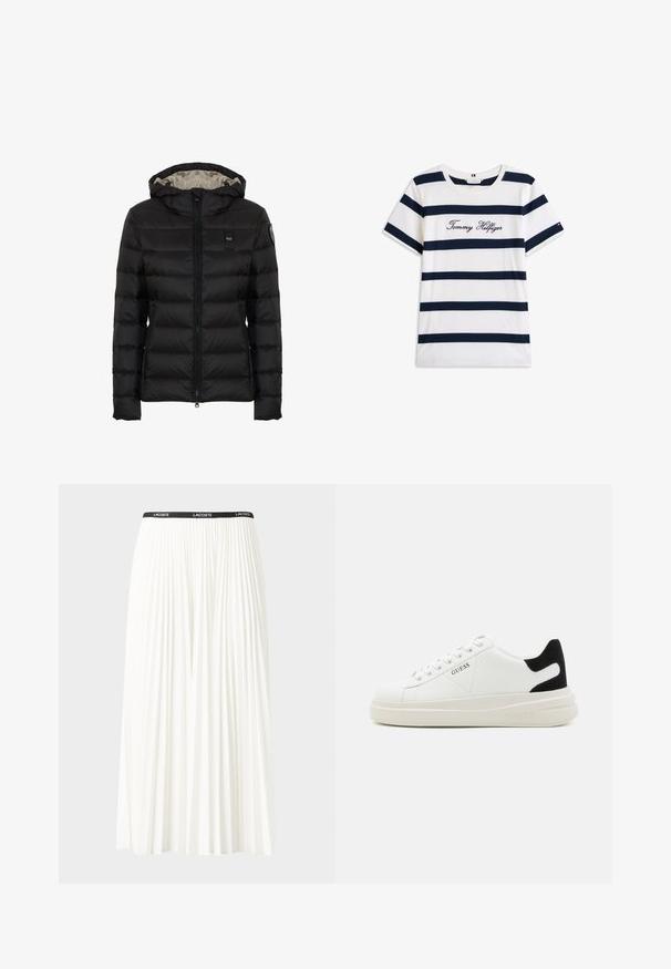 Giacca imbottita nera con cappuccio, dotata di chiusura con zip, design trapuntato e una fodera di colore più chiaro. Include una toppa con logo sulla manica.; T-shirt in cotone con righe orizzontali blu navy su sfondo bianco. "Tommy Hilfiger" ricamato in corsivo sul petto. Collo a giro.; Gonna bianca plissettata con elastico nero in vita che presenta il logo "LACOSTE". Design di lunghezza media con texture morbida.; Sneaker bianchi in pelle con suola spessa bianca, accento in suede nero sul tallone e logo impresso sul lato. Design con lacci e sei fori per i lacci.