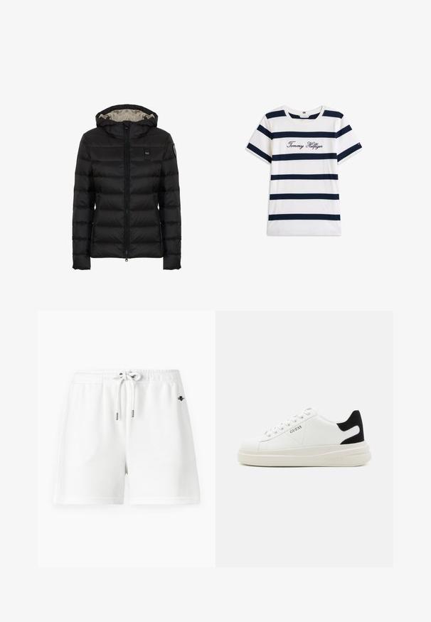 Veste rembourrée noire avec capuche, dotée d'un zip à l'avant, d'un design matelassé et d'une doublure de couleur plus claire. Comprend un patch logo sur la manche.; T-shirt en coton avec des rayures horizontales bleu marine sur un fond blanc. "Tommy Hilfiger" brodé en écriture cursive sur la poitrine. Encolure ras du cou.; Shorts de sport blancs en sweat avec une taille élastique et un cordon de serrage. Matériau en coton doux, avec un minimum de coutures et un petit logo.; Baskets en cuir blanc avec une épaisse semelle blanche, un accent en daim noir au niveau du talon et un logo embossé sur le côté. Design à lacets avec six œillets.